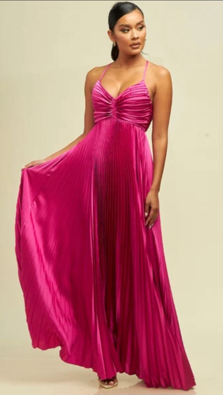 LUXXEL Satin Open Back Pleated Maxi Dress in Hot Pink Size S